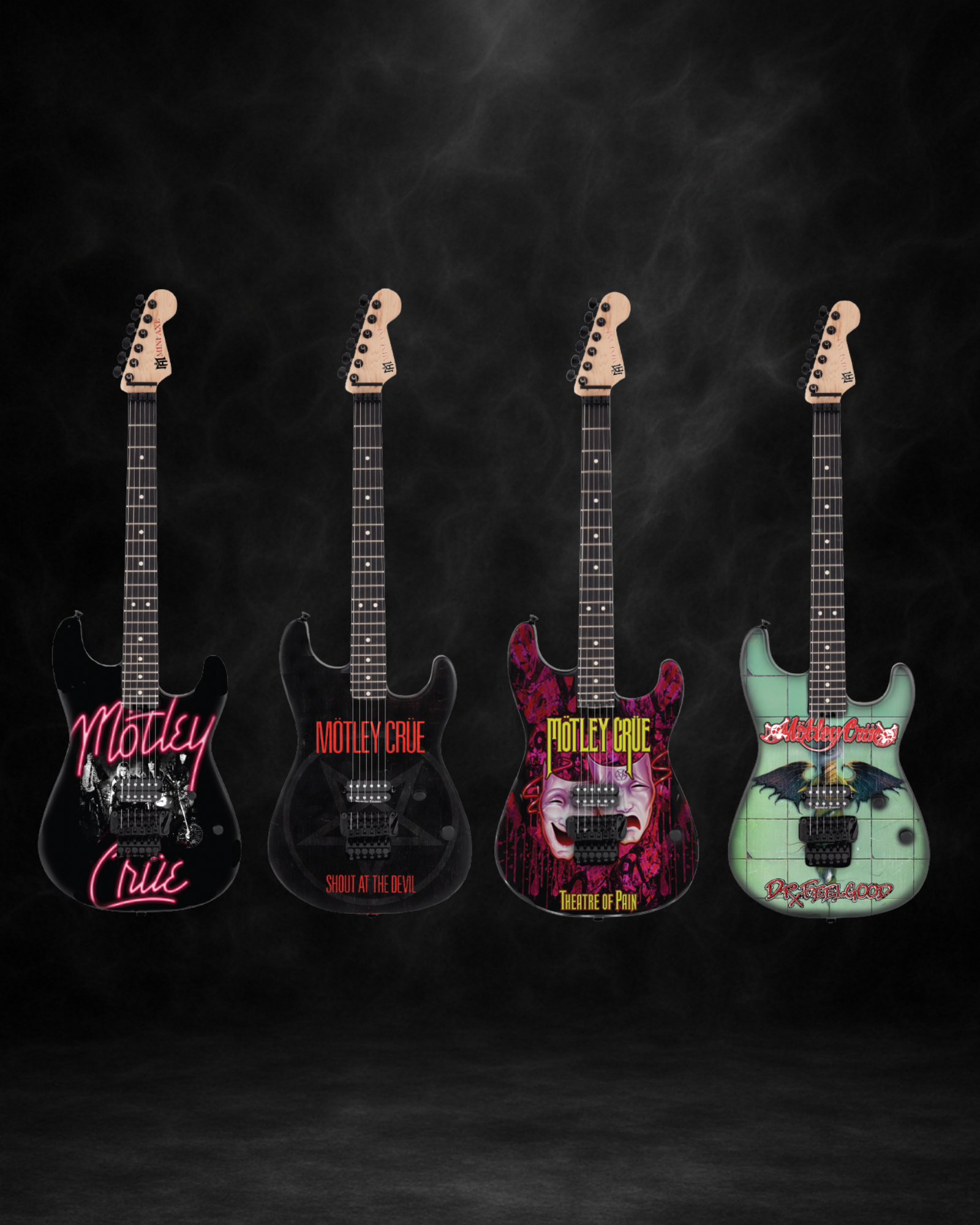 The Complete Mötley Crüe Album Cover Mini Axe Set – All 4 Official Mini Guitar Designs