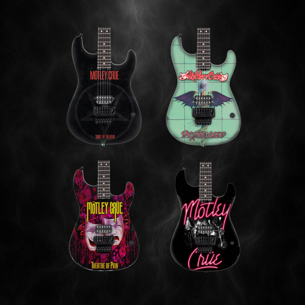 The Complete Mötley Crüe Album Cover Mini Axe Set – All 4 Official Mini Guitar Designs