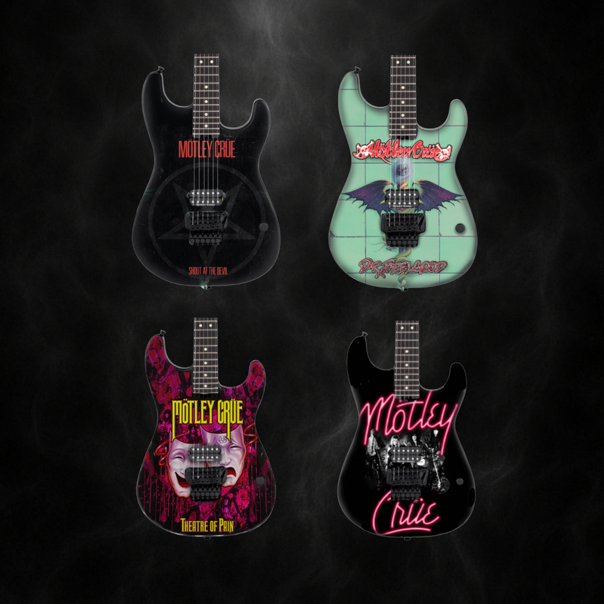 The Complete Mötley Crüe Album Cover Collectible Miniature Guitar Set – All 4 Official Mini Guitar Designs